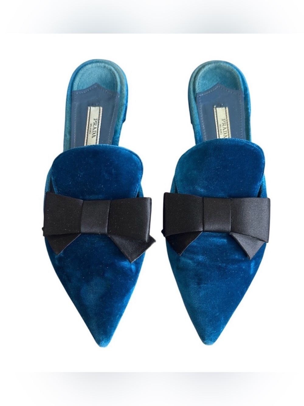 Prada Velvet Pointed Toe Bow Mules Blue Black Grosgrain EU 37.5 US 7.5